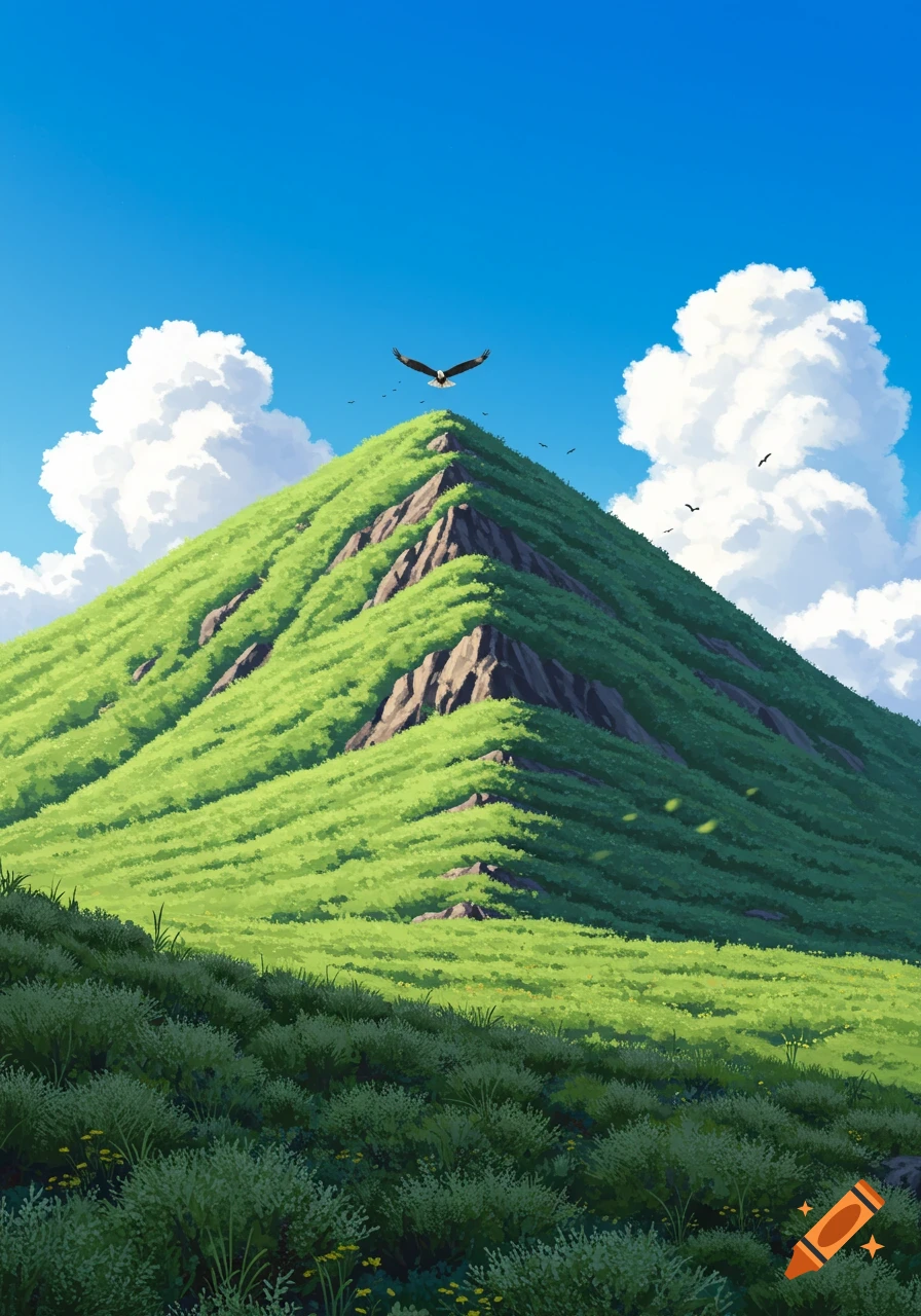 A vibrant painting of a lush green mountain under a clear blue sky, with an eagle soaring above the peak.