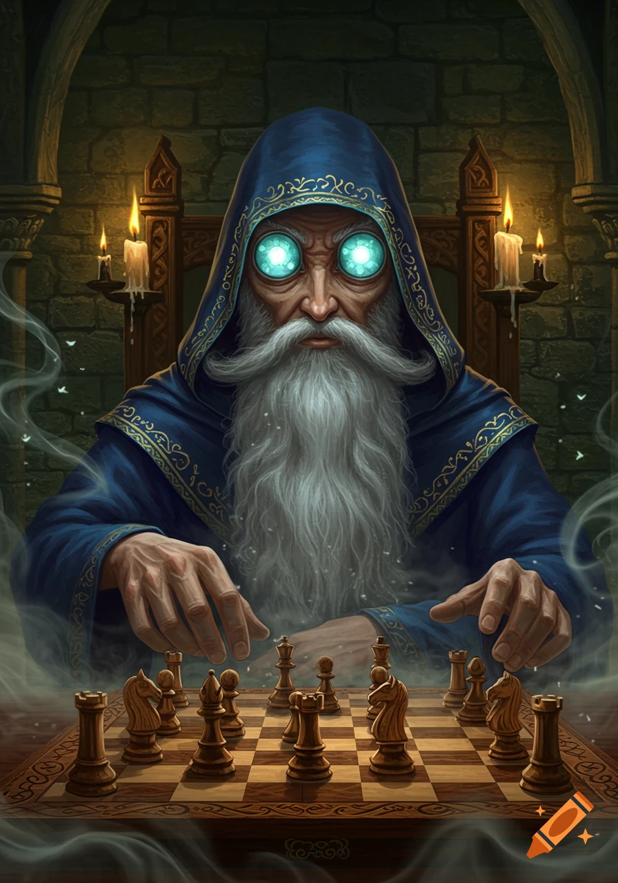 A wise old wizard with a long white beard, blue robe, and glowing orb-like eyes, intently plays chess in a candlelit stone chamber.