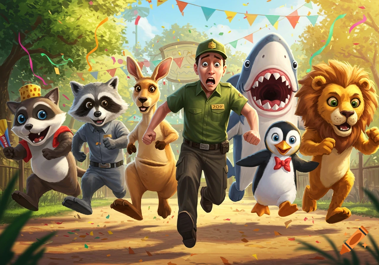 A cartoon zookeeper with a scared expression runs from a group of smiling animal mascots: a raccoon, kangaroo, shark, penguin, and lion, in a park setting with party decorations.