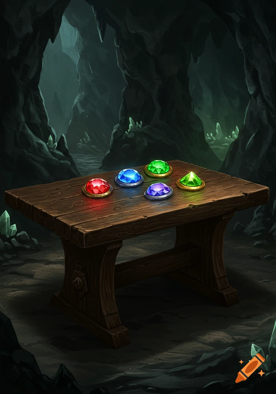 A medieval wooden table holds five glowing colorful gems (red, blue, purple, two green) inside a dark, rocky cave with crystals.