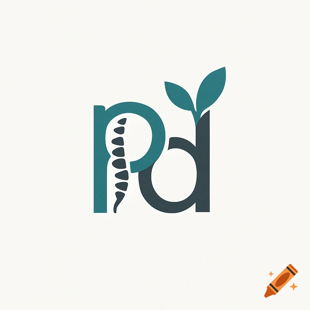 A minimalist logo combining stylized letters 'p' and 'd'. The 'p' features a spine, and the 'd' has a leaf, in teal and charcoal gray on a white background.