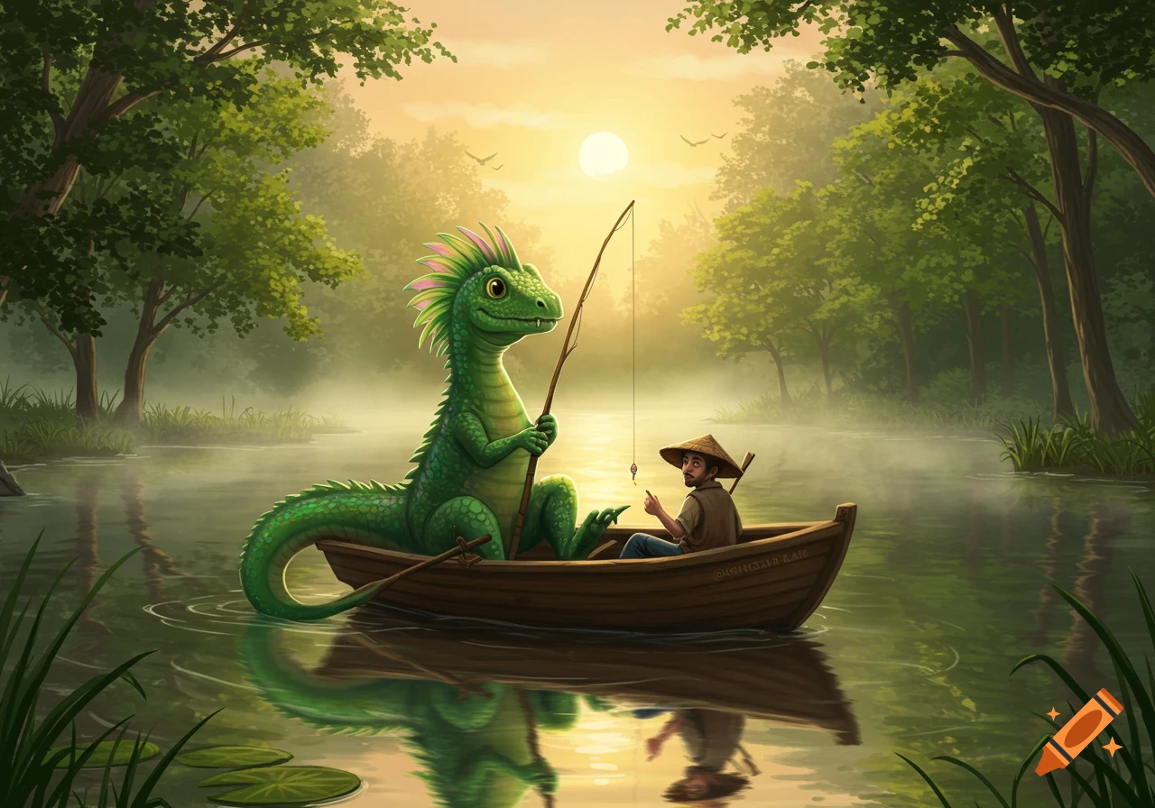 A friendly green dragon and a man in a straw hat fish from a wooden boat on a misty lake at sunset, surrounded by lush trees in a fantasy art style.