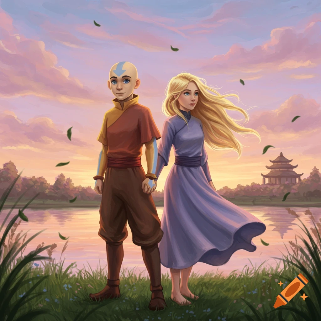 An illustration of Aang and a blonde girl holding hands by a lake at sunset, with a pagoda in the background.