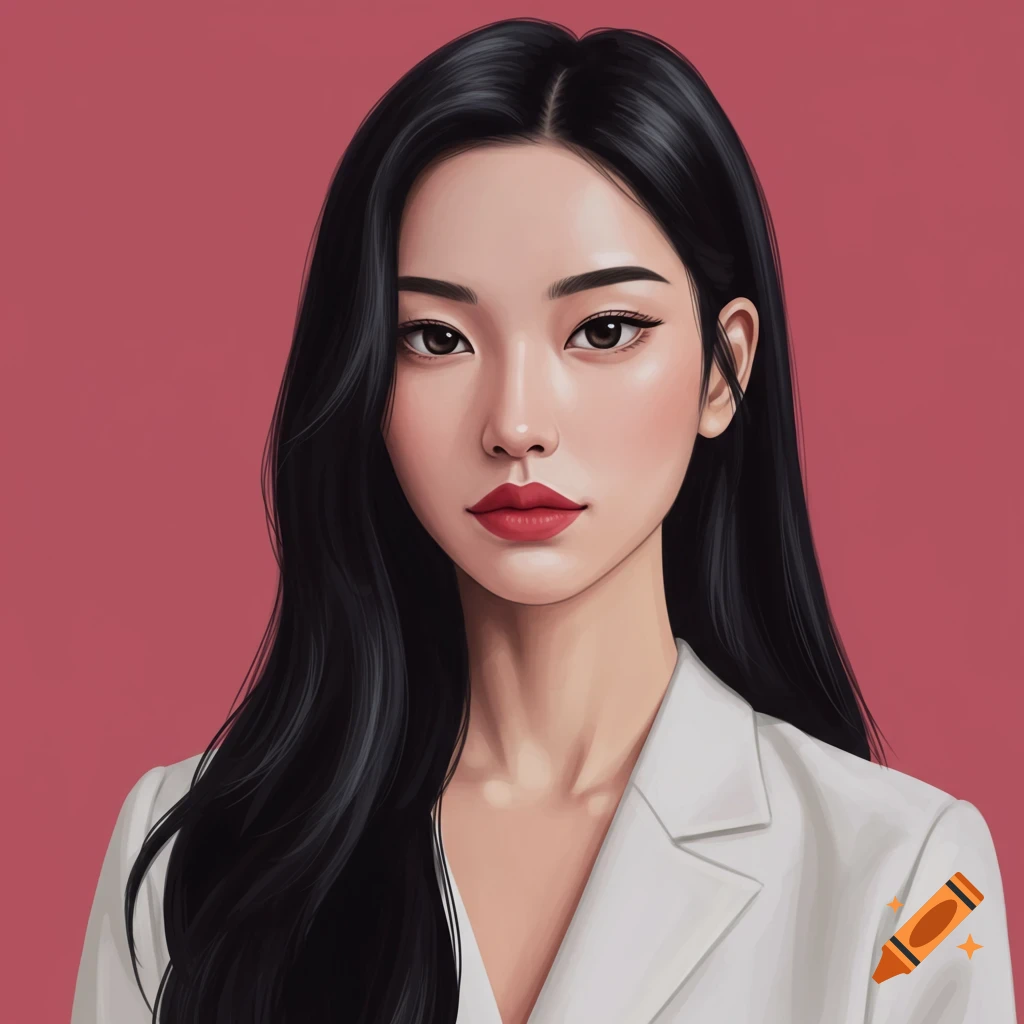 Stylized digital art portrait of a woman with long black hair, brown eyes, red lips, and a white blazer, against a pink background.