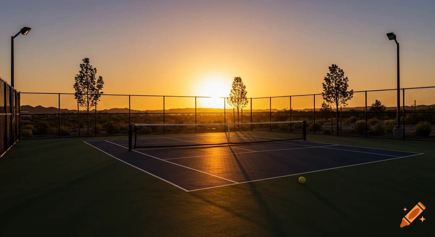 A pickleball court bathed in golden hour sunlight with long shadows, surrounded by a fence and distant hills.