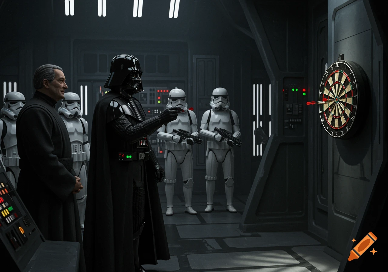 Darth Vader points at a dartboard while Palpatine and Stormtroopers observe in an Imperial base.