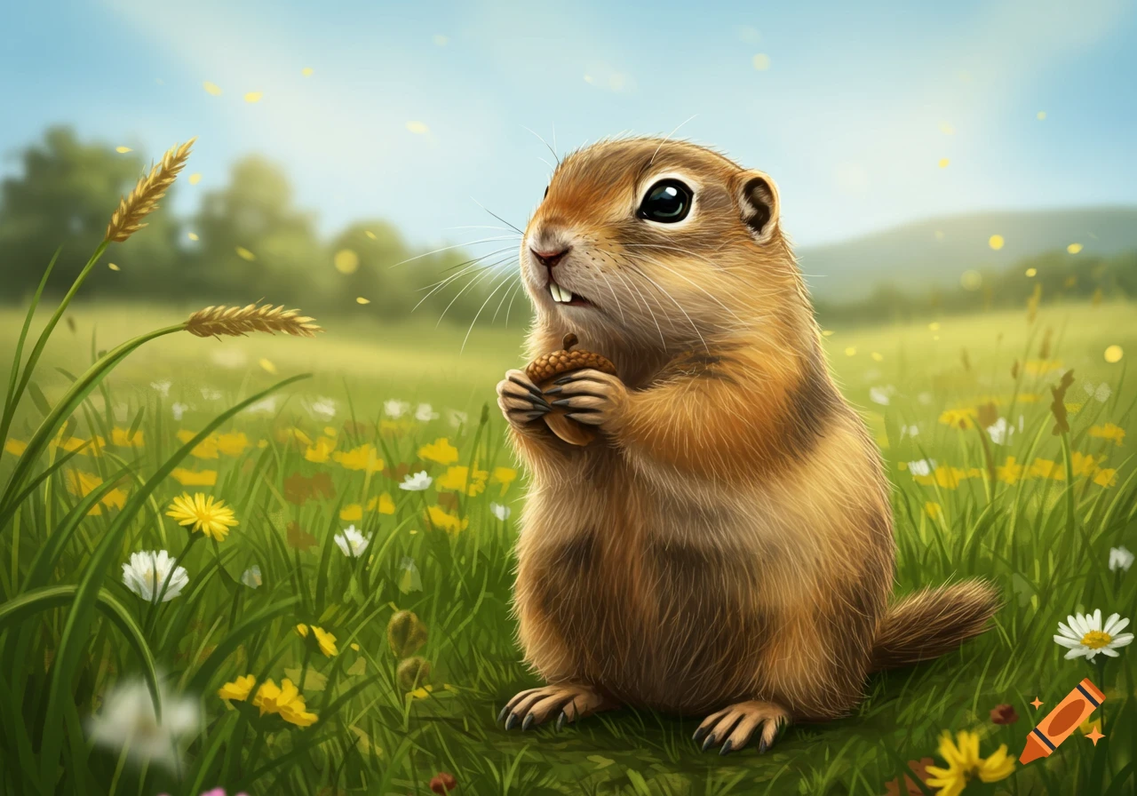 Digital illustration of a cute gopher holding an acorn in a sunny field with yellow and white flowers.
