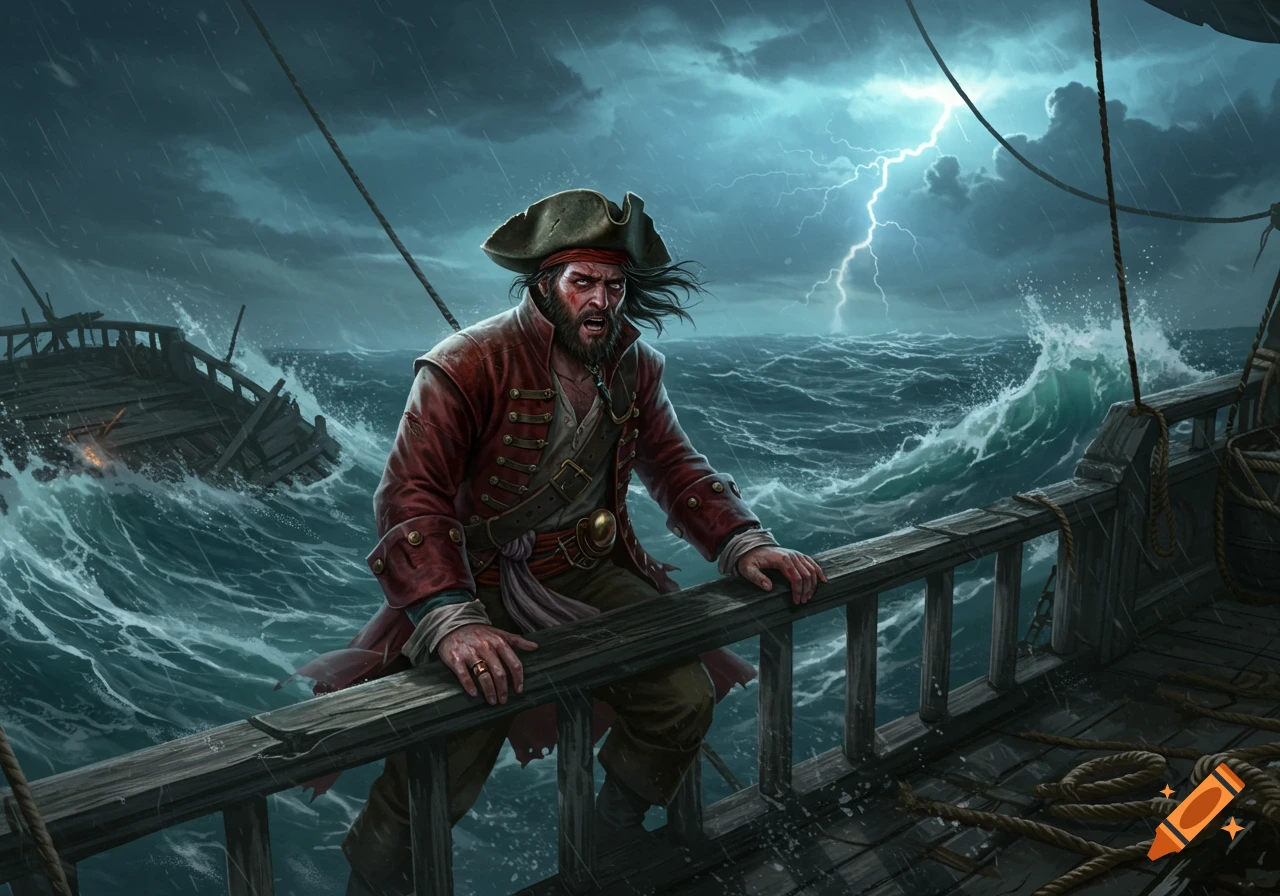 A distressed pirate on a ship deck in a stormy sea with lightning and a shipwreck.