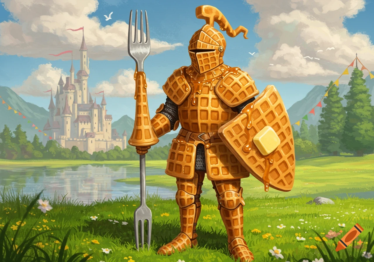 A whimsical knight made of waffles with syrup holds a giant fork and buttered waffle shield in a grassy field before a castle.