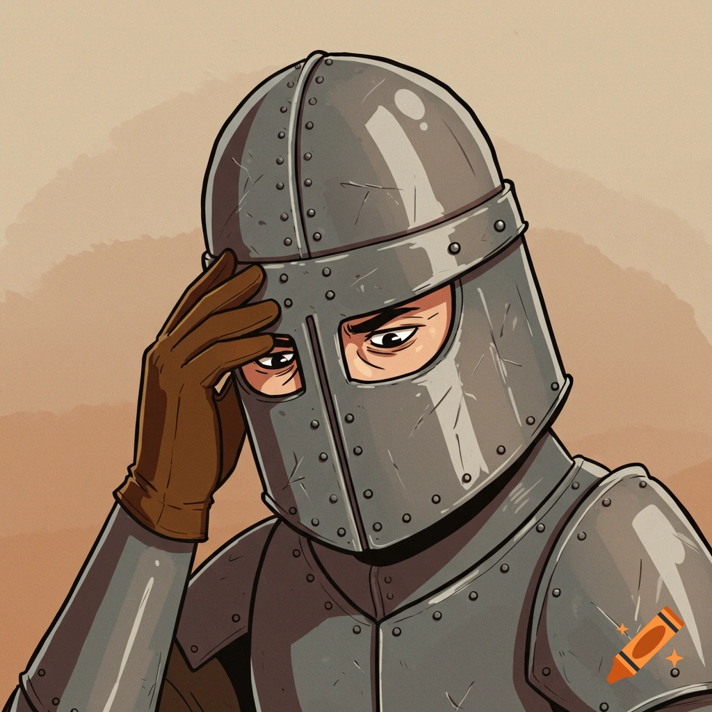 Cartoon knight in a metal helmet with only eyes visible, hand on forehead in a thoughtful pose.
