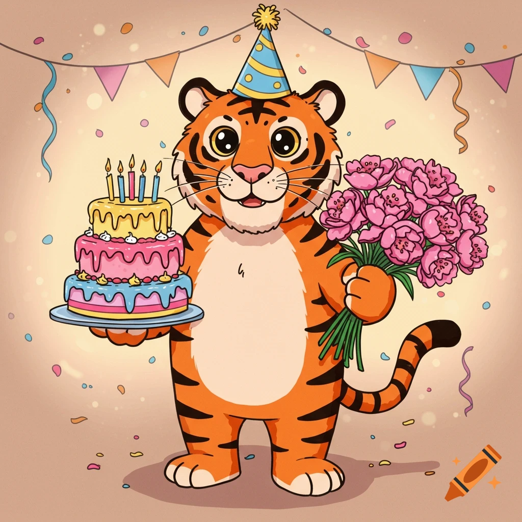 A cute cartoon tiger wearing a party hat, holding a multi-tiered birthday cake and a large bouquet of pink flowers.