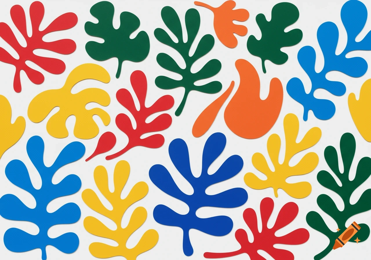 Colorful abstract shapes resembling leaves in the style of Matisse against a white background.