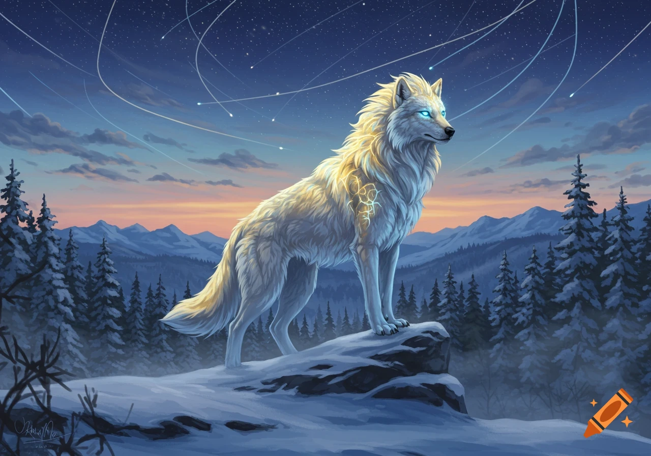 A majestic white wolf with glowing blue eyes and golden mystical markings stands on a snowy rock against a starry night sky with a twilight horizon and pine trees.