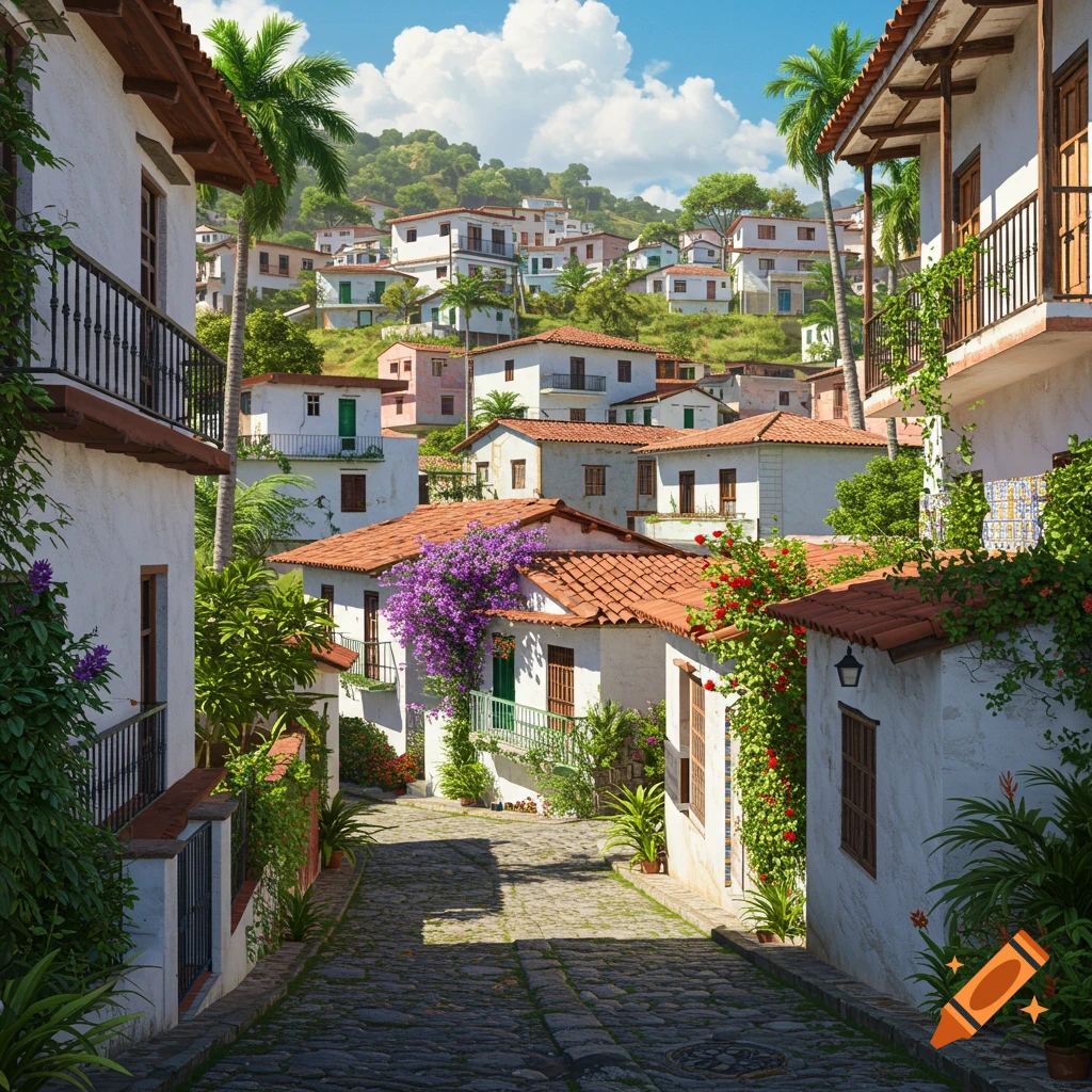 Photorealistic view of a charming hillside village with white stucco houses, red tile roofs, and lush green foliage on a cobblestone street under a blue sky with clouds.