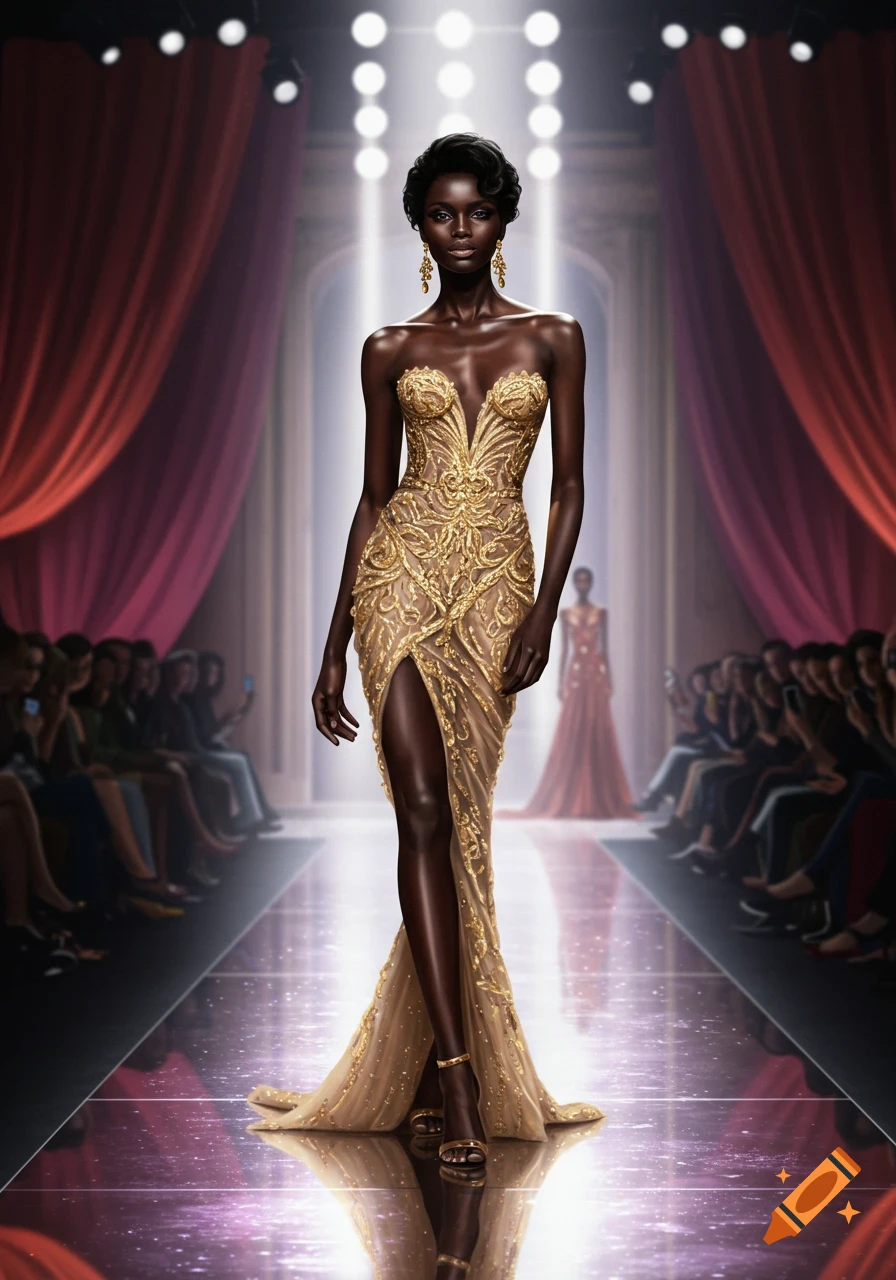 Photorealistic dark-skinned model in a golden embroidered gown poses on a runway, audience in background.