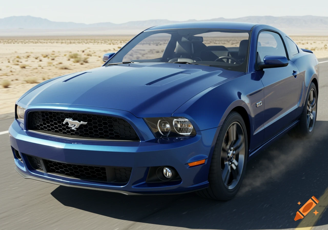 A blue Ford Mustang GT driving on a road through a desert landscape.