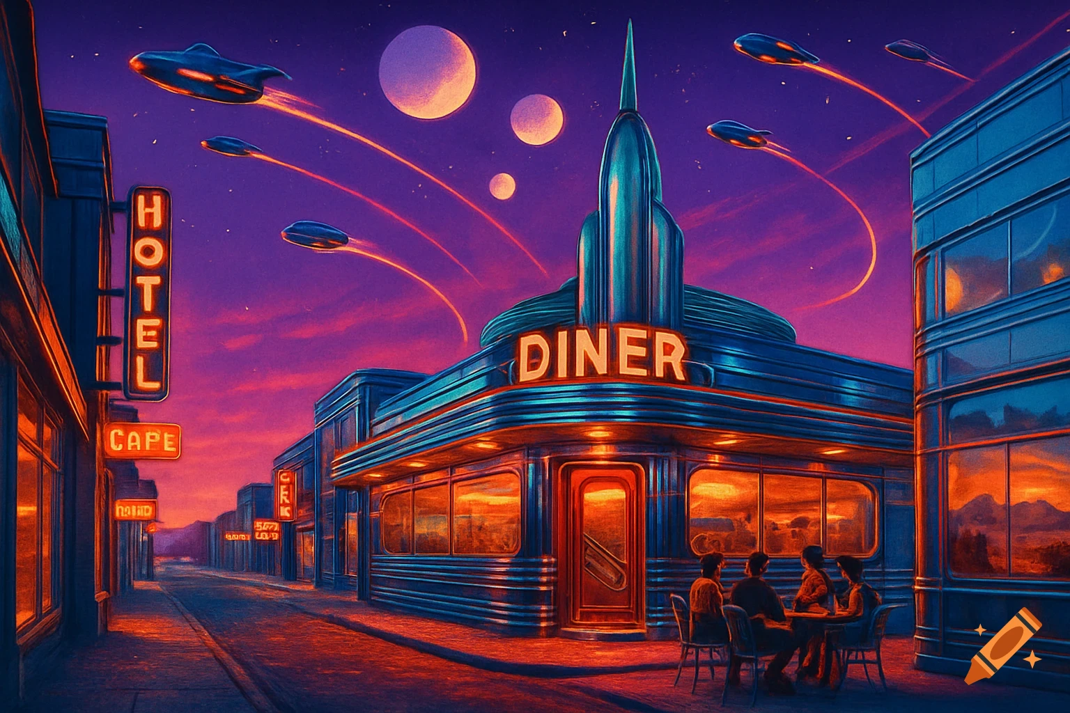 A vibrant retro-futuristic illustration of a 1950s-style diner with rocket architecture and neon signs, under a purple sky with multiple moons and flying cars. People are seated outside the diner.