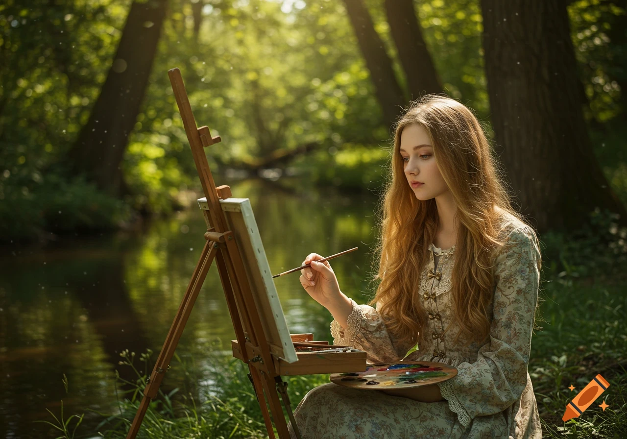 A photorealistic image of a young woman with long golden hair painting on an easel by a brook in a sunlit forest.