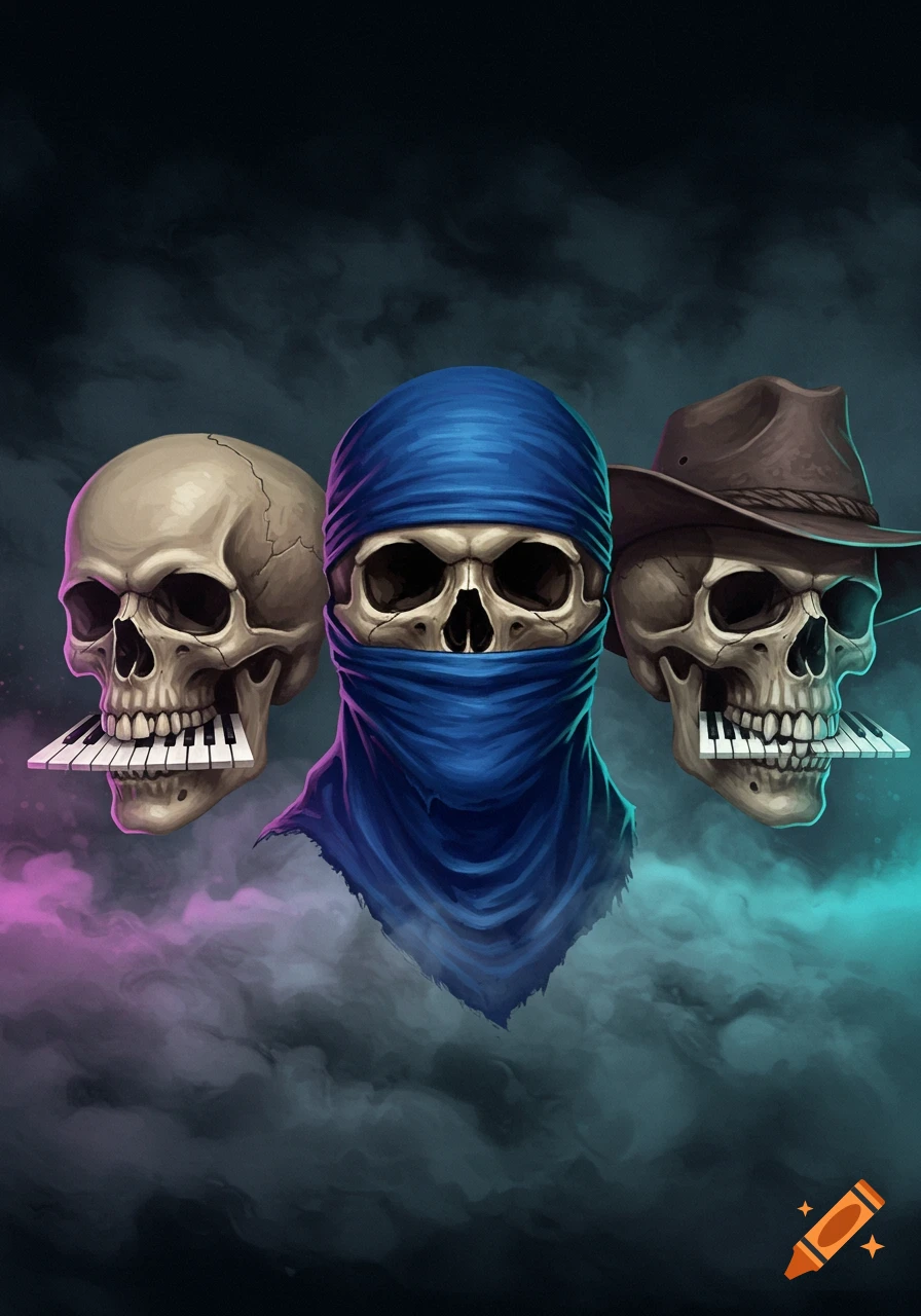 Three stylized skulls; one with piano keys for teeth, one in a blue bandana, and one in a cowboy hat, on a smoky background.