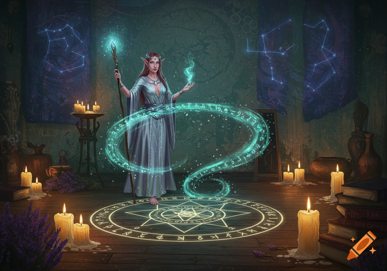An elf sorceress in a robe casting a spell with glowing runes and a staff in a candlelit room with constellations.