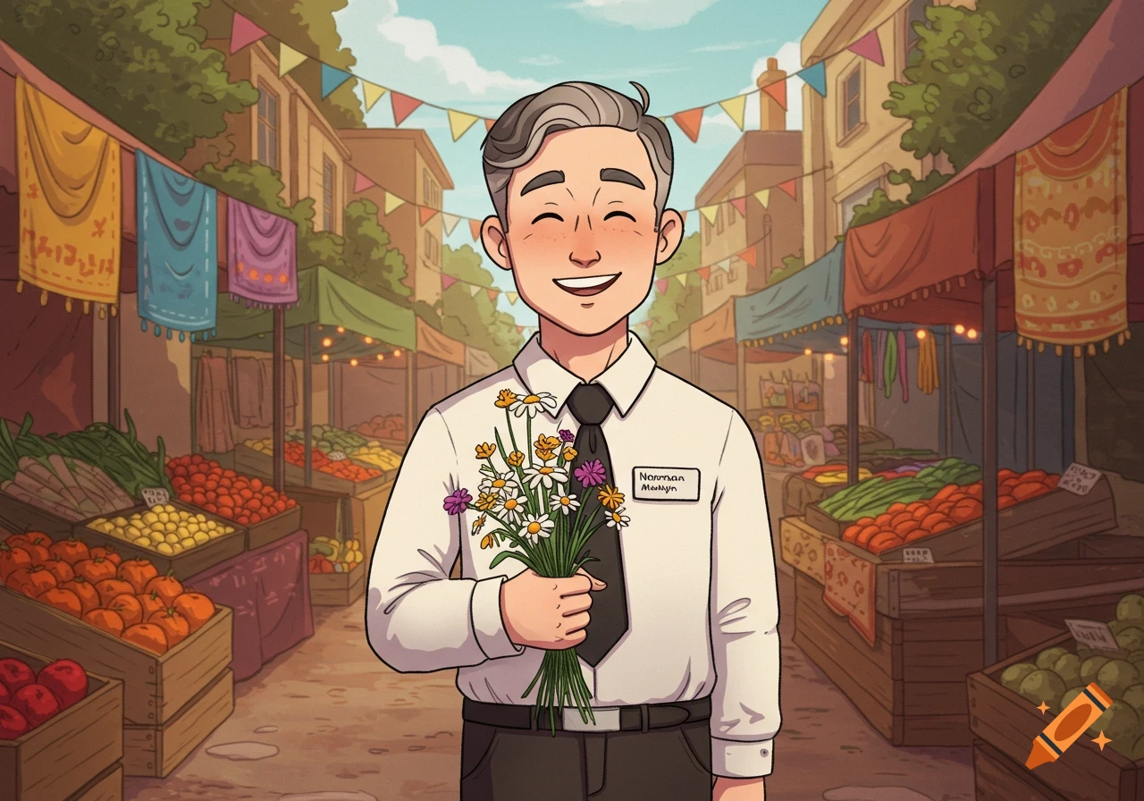 An illustration of a smiling man with grey hair, wearing a white shirt and black tie, holding a bouquet of wildflowers at a bustling outdoor market.