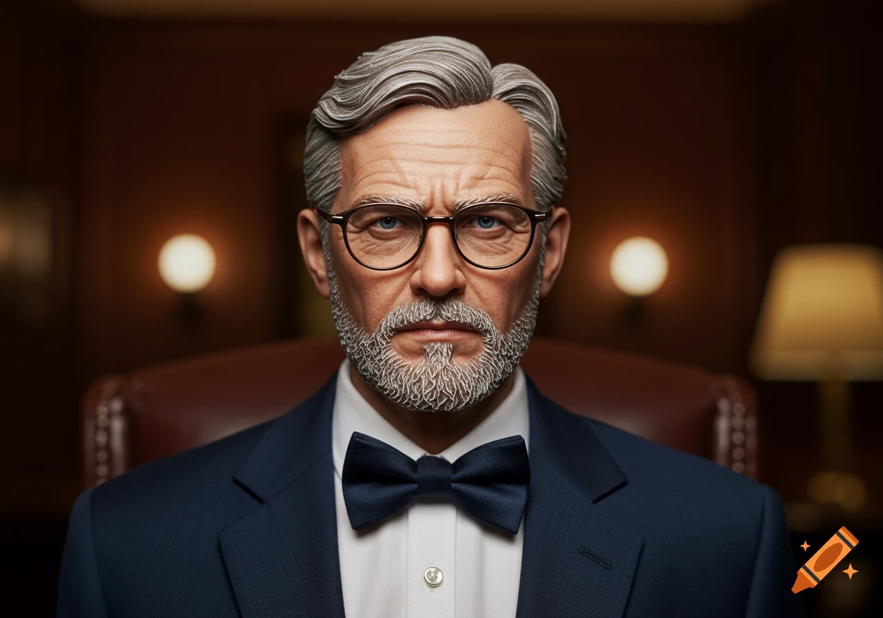 Close-up photorealistic portrait of an older man with gray hair and beard, wearing glasses, a dark suit, and a bow tie, looking sternly at the camera in a dimly lit room.