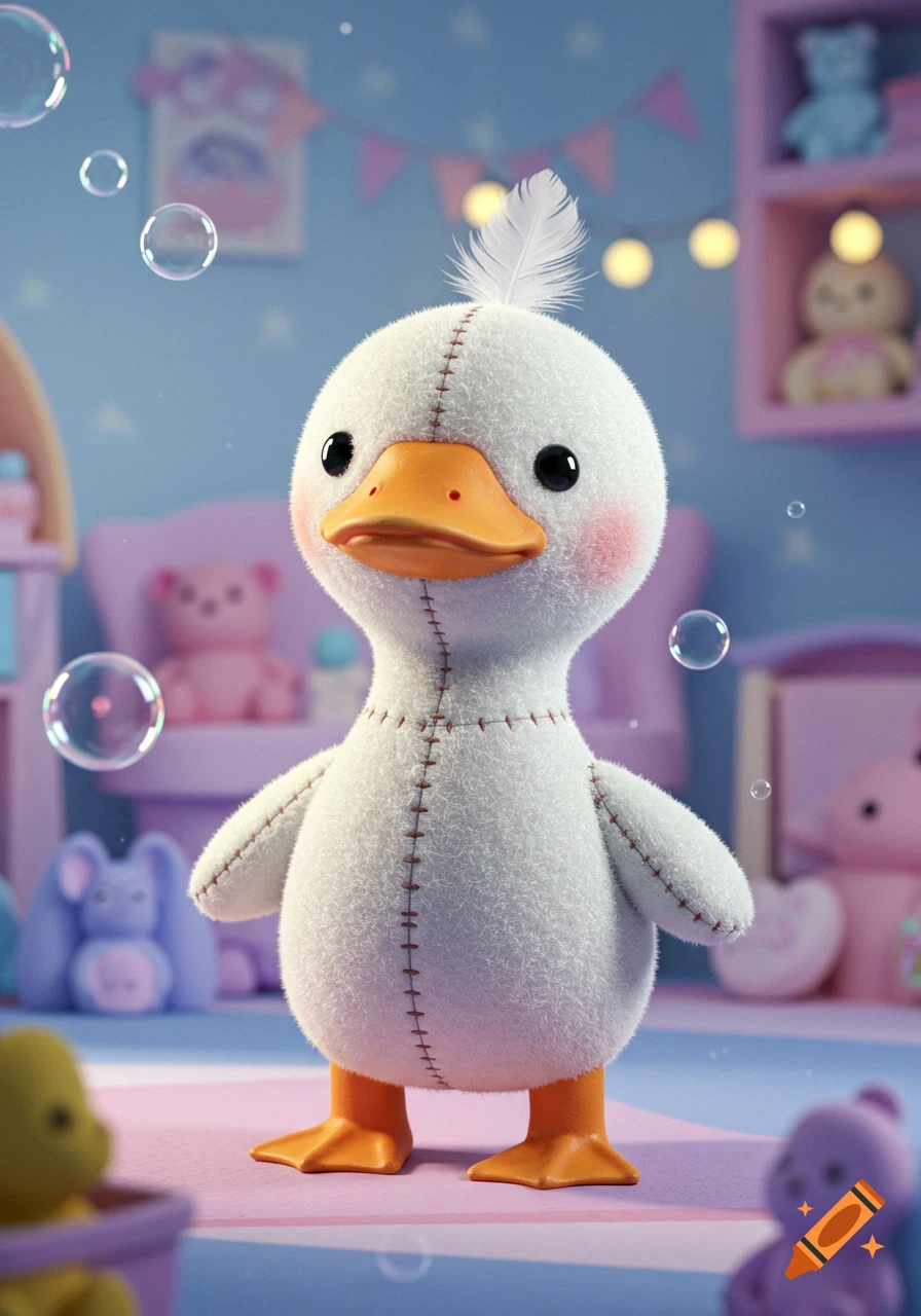 A cute fluffy white plush duck with orange beak and feet stands in a pastel nursery with bubbles and blurred toys.