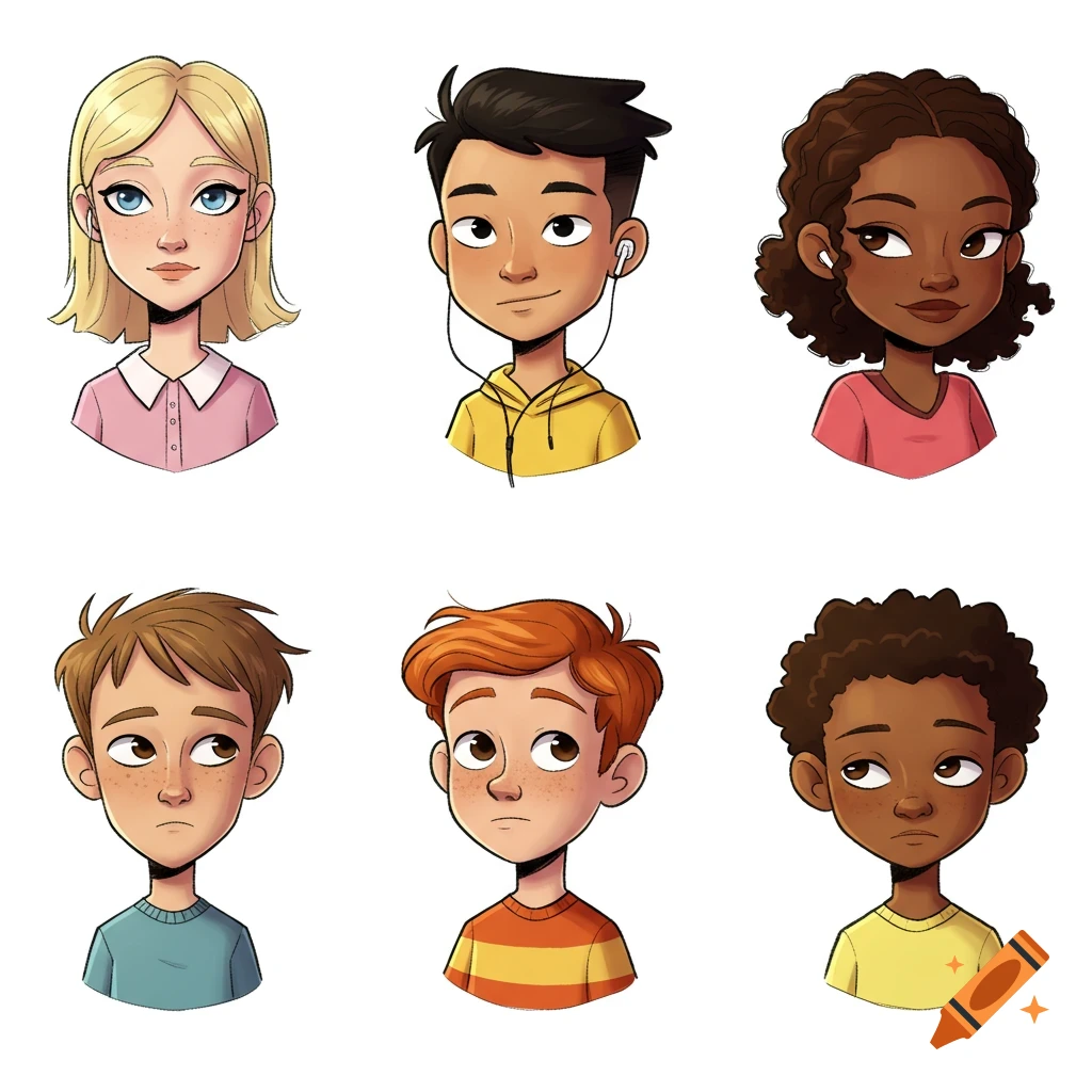 Six diverse cartoon-style headshots of children and teenagers with various expressions, on a white background.
