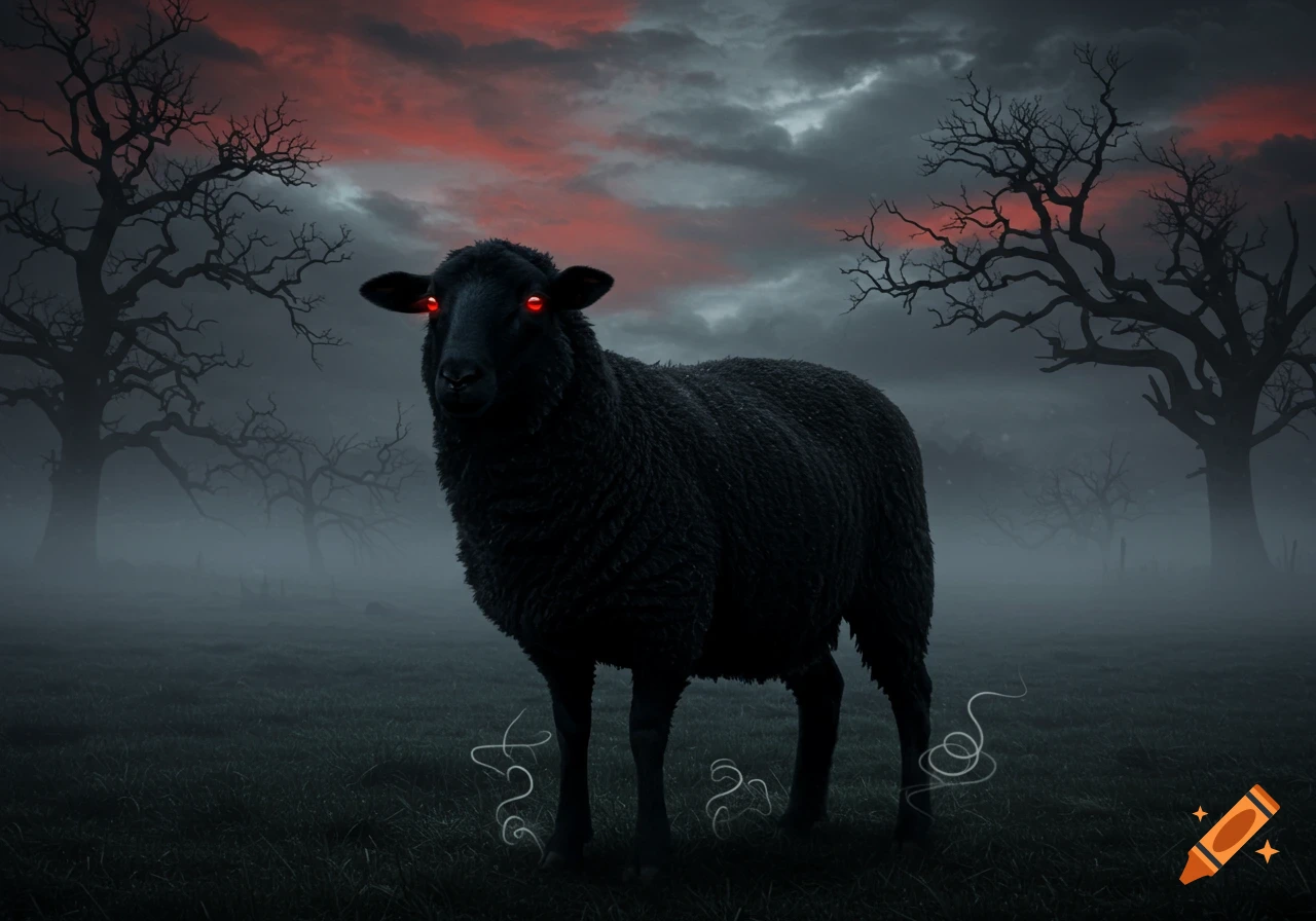 A black sheep with glowing red eyes stands in a foggy, dark field under a stormy red and grey sky, surrounded by bare trees.