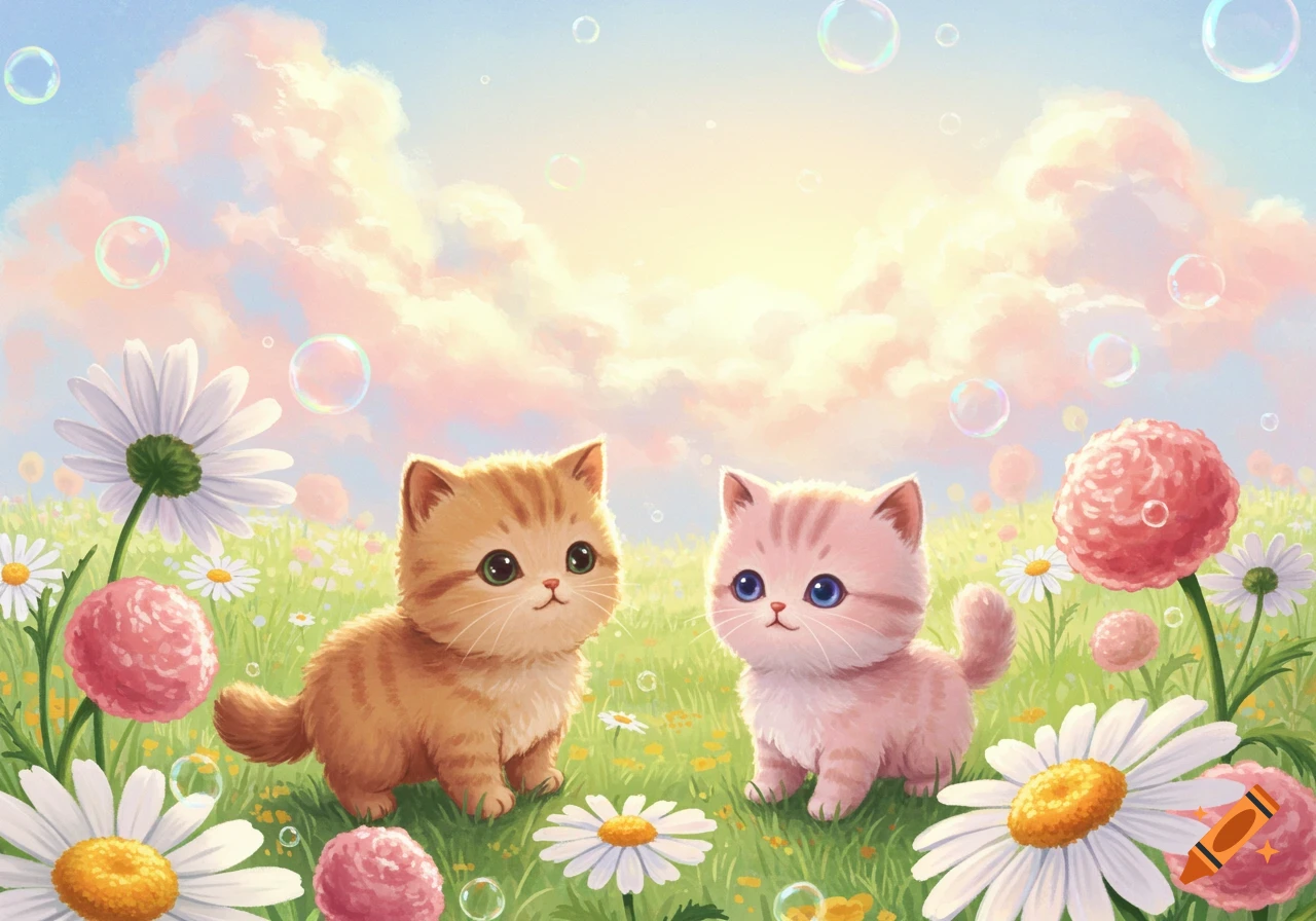 Two cute kittens, one orange and one pink, sit in a field of colorful daisies and pink flowers under a sunny, pastel sky with bubbles.