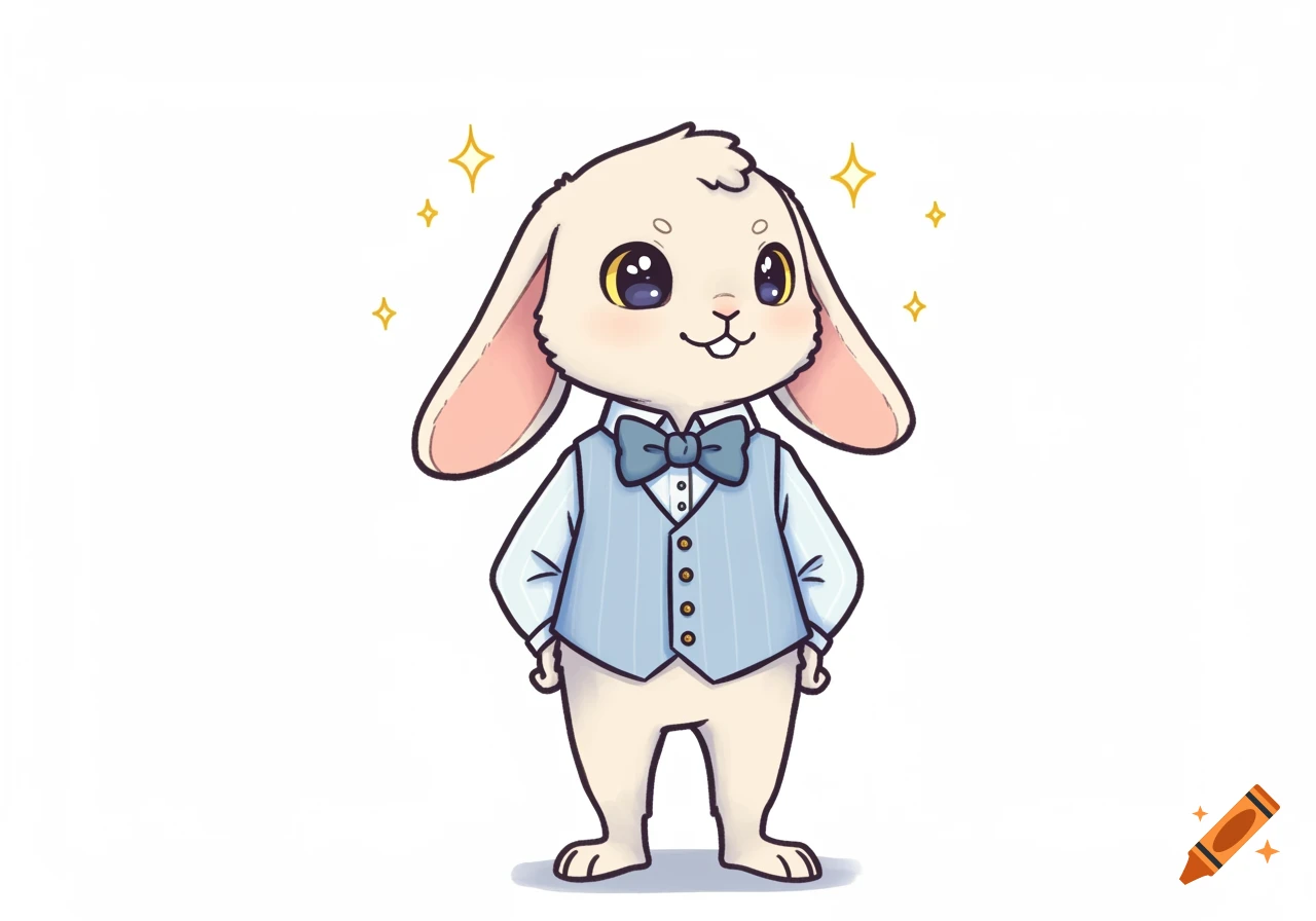 A cute cartoon rabbit standing like a human, wearing a light blue vest and a dark blue bow tie, on a white background with yellow sparkles.