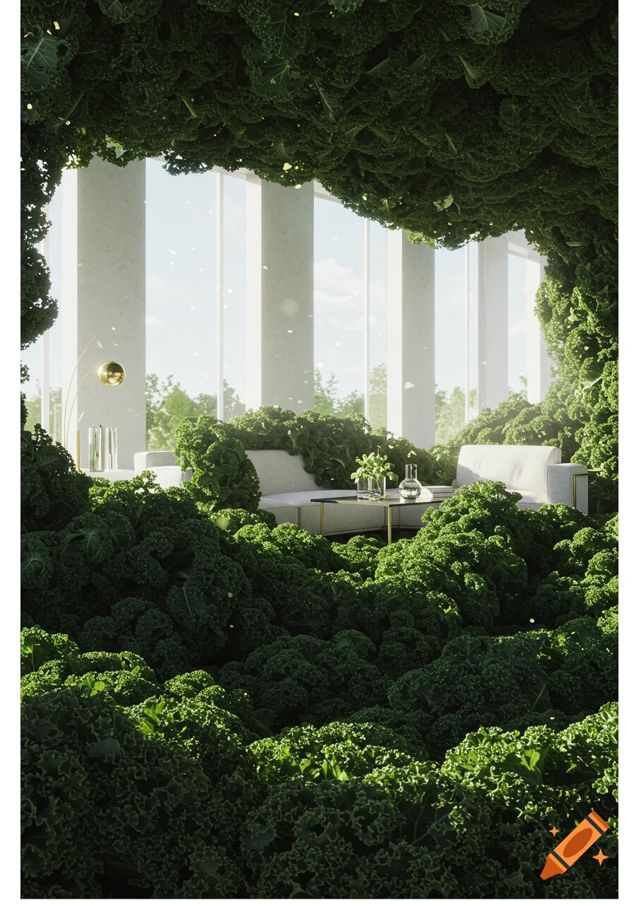 Photorealistic modern living room filled with vibrant green kale leaves, white sofas, and bright windows.