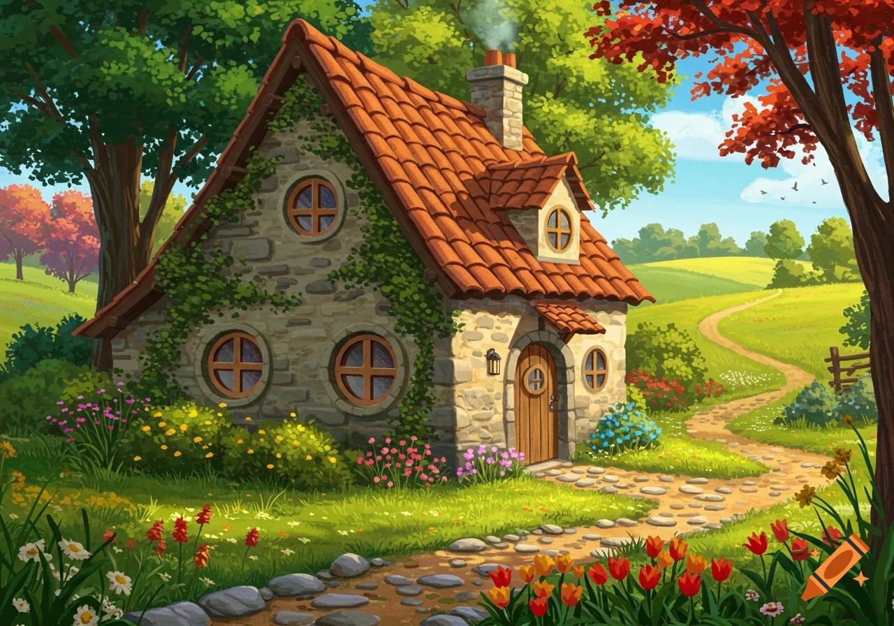 A charming stone cottage with a red-tiled roof and round windows, nestled among colorful flowers and lush green trees, with a path winding through a sunny landscape.