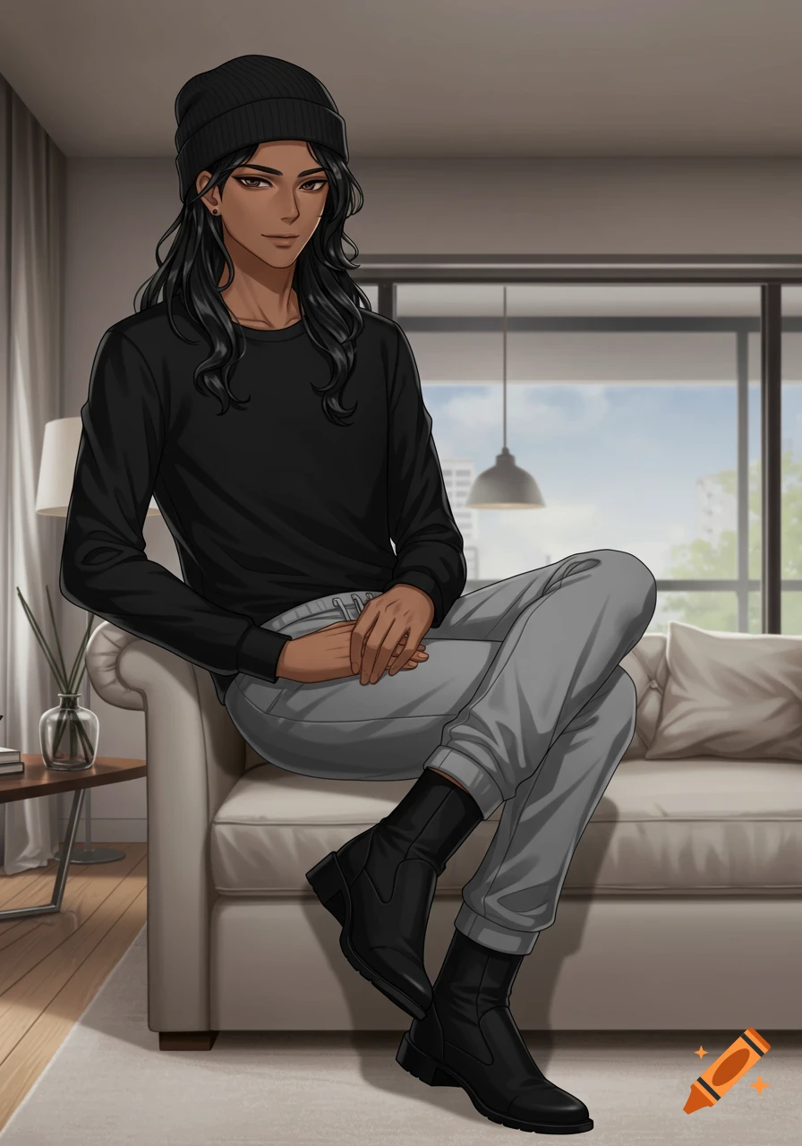 An anime-style person with long wavy black hair and brown skin, wearing a black beanie and casual outfit, sits on a couch in a modern living room.