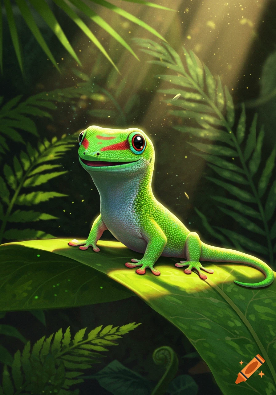 A cute, smiling Madagascar Day Gecko with vibrant green skin and red markings sits on a large leaf in a sunlit jungle.