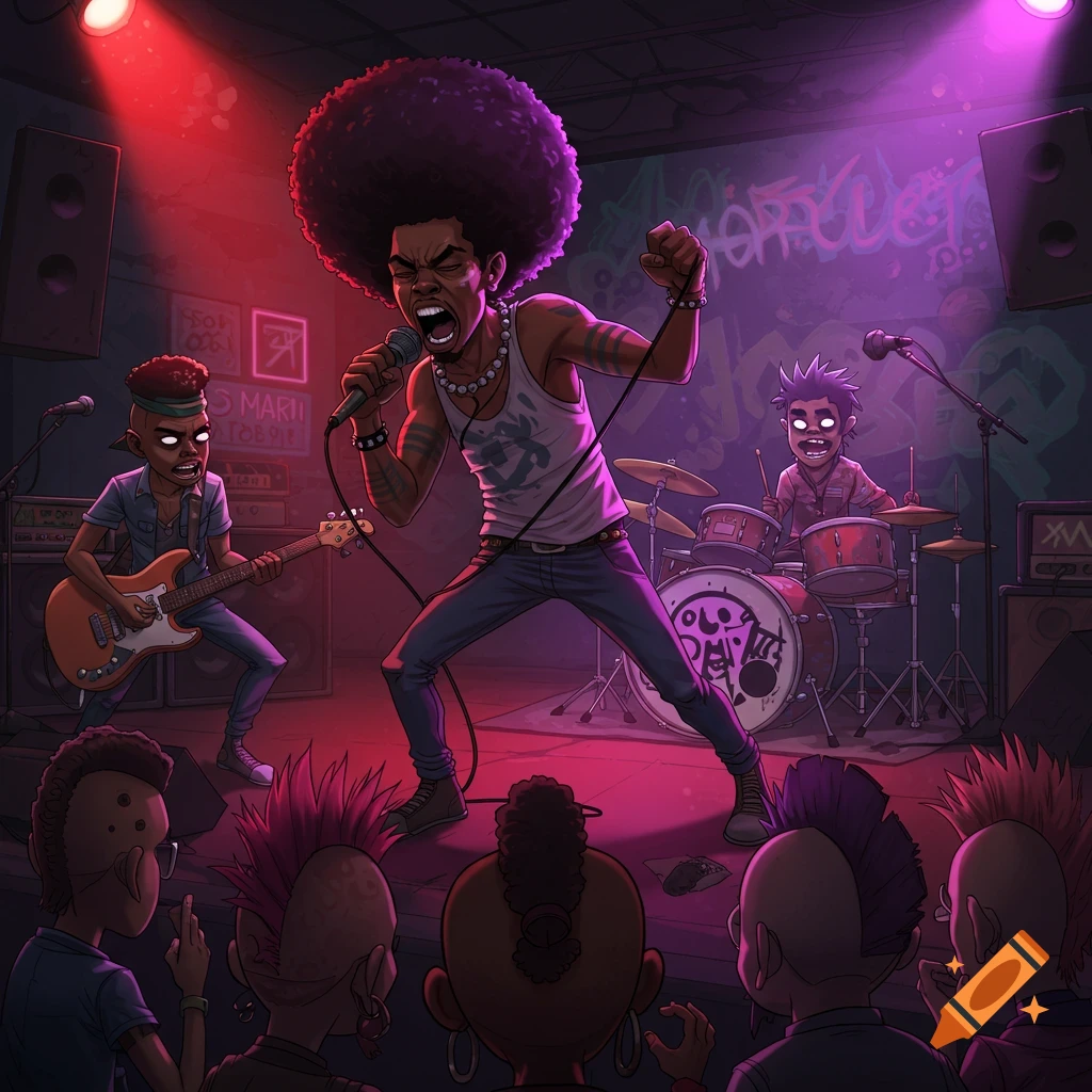 A black afro punk band performs on a stage with red and purple lighting, in a cartoonish style similar to Gorillaz.