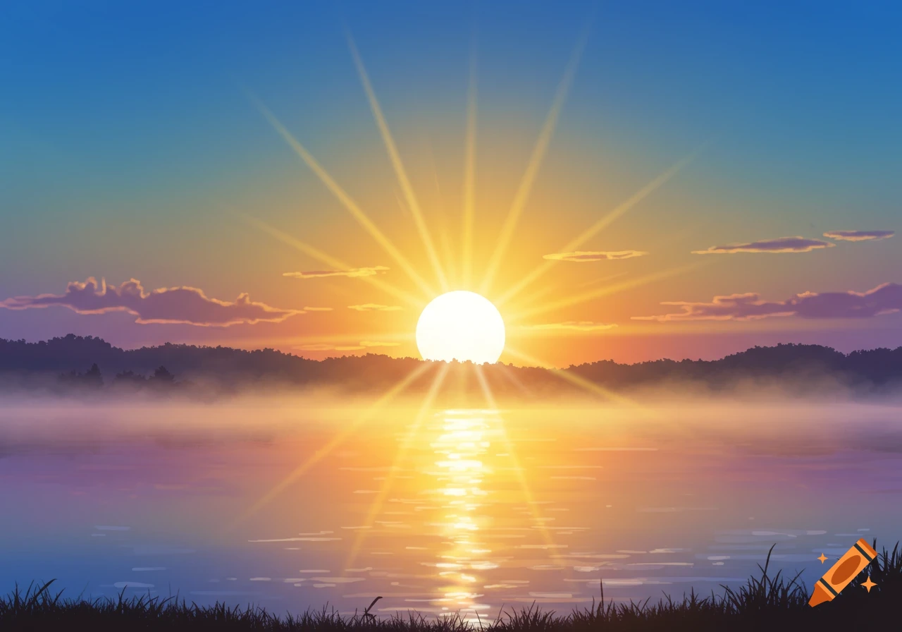 A vibrant sunrise over a misty lake, with silhouetted hills and sunbeams reflecting on the water.