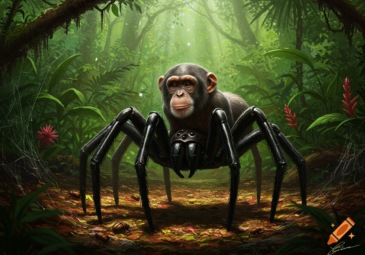 A creature with a chimpanzee head and spider body stands in a lush, sunlit jungle with red flowers and spiderwebs.