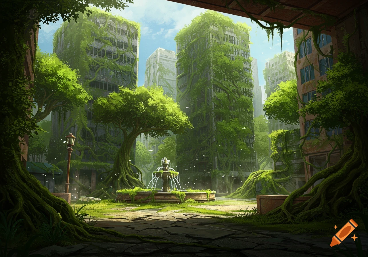 Digital art painting of an overgrown post-apocalyptic city with buildings covered in vines and trees around a fountain.