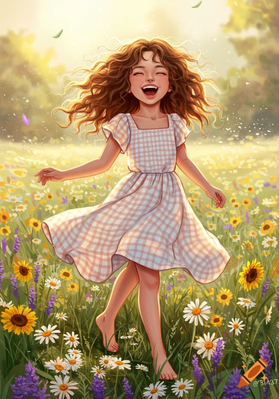 A happy young girl with curly hair, in a plaid dress, runs barefoot through a sunny field of wildflowers.