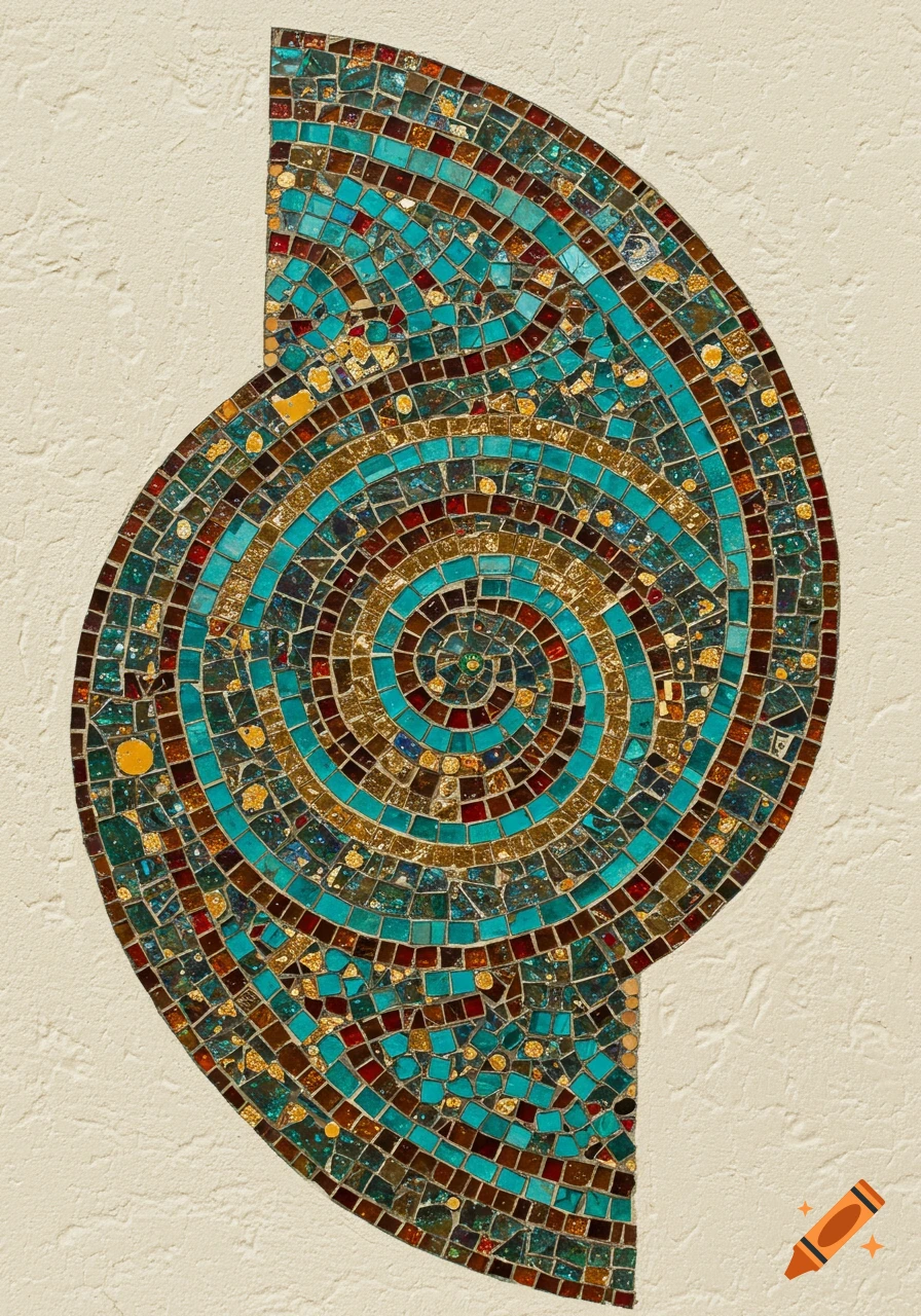 A colorful mosaic featuring a spiral design with blue, green, brown, and gold tiles on a textured beige wall.