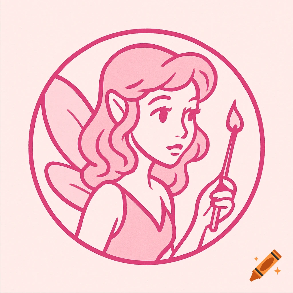 Pink cartoon logo of a fairy woman in a circle, holding a stick with a flame.
