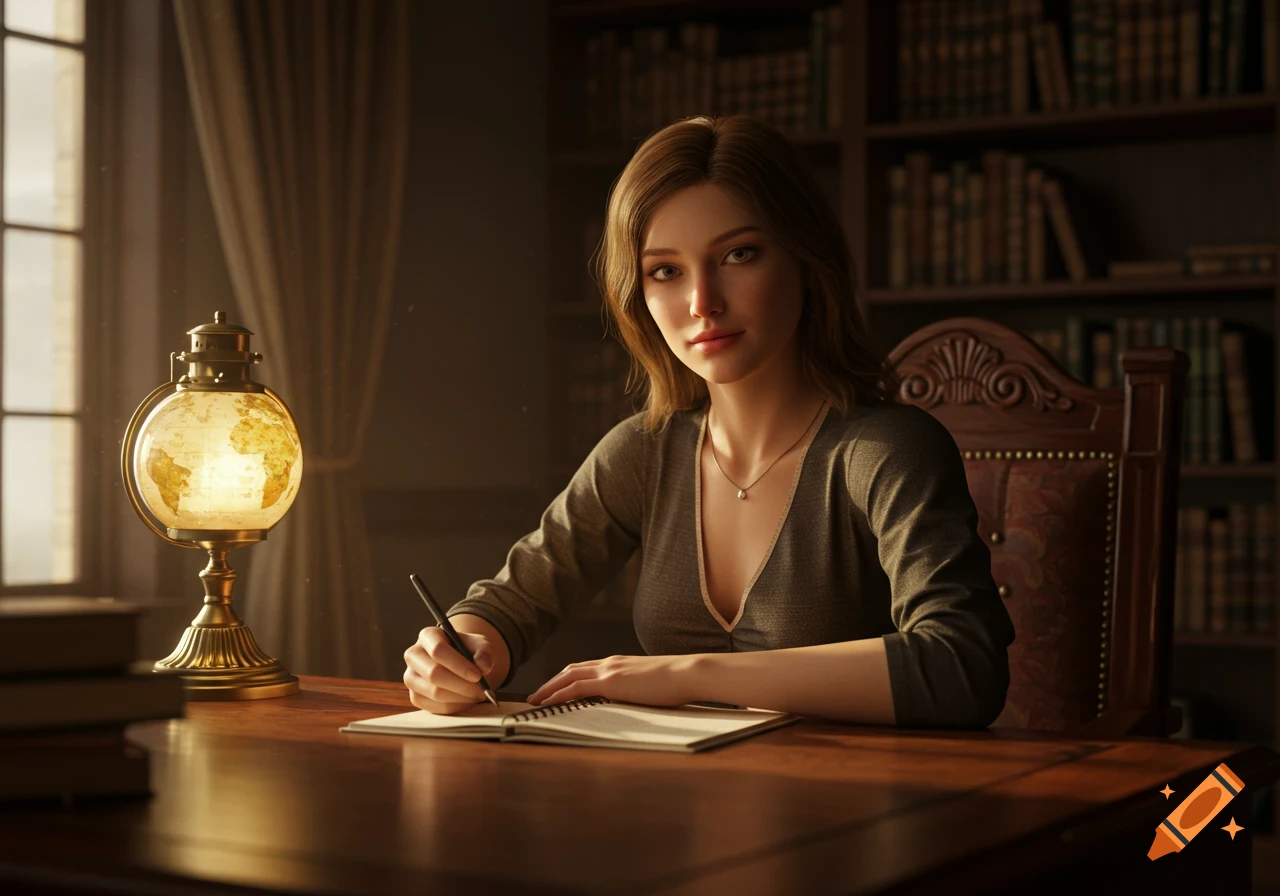A photorealistic image of a woman writing at a wooden desk in a dimly lit library, with a glowing globe lamp nearby.