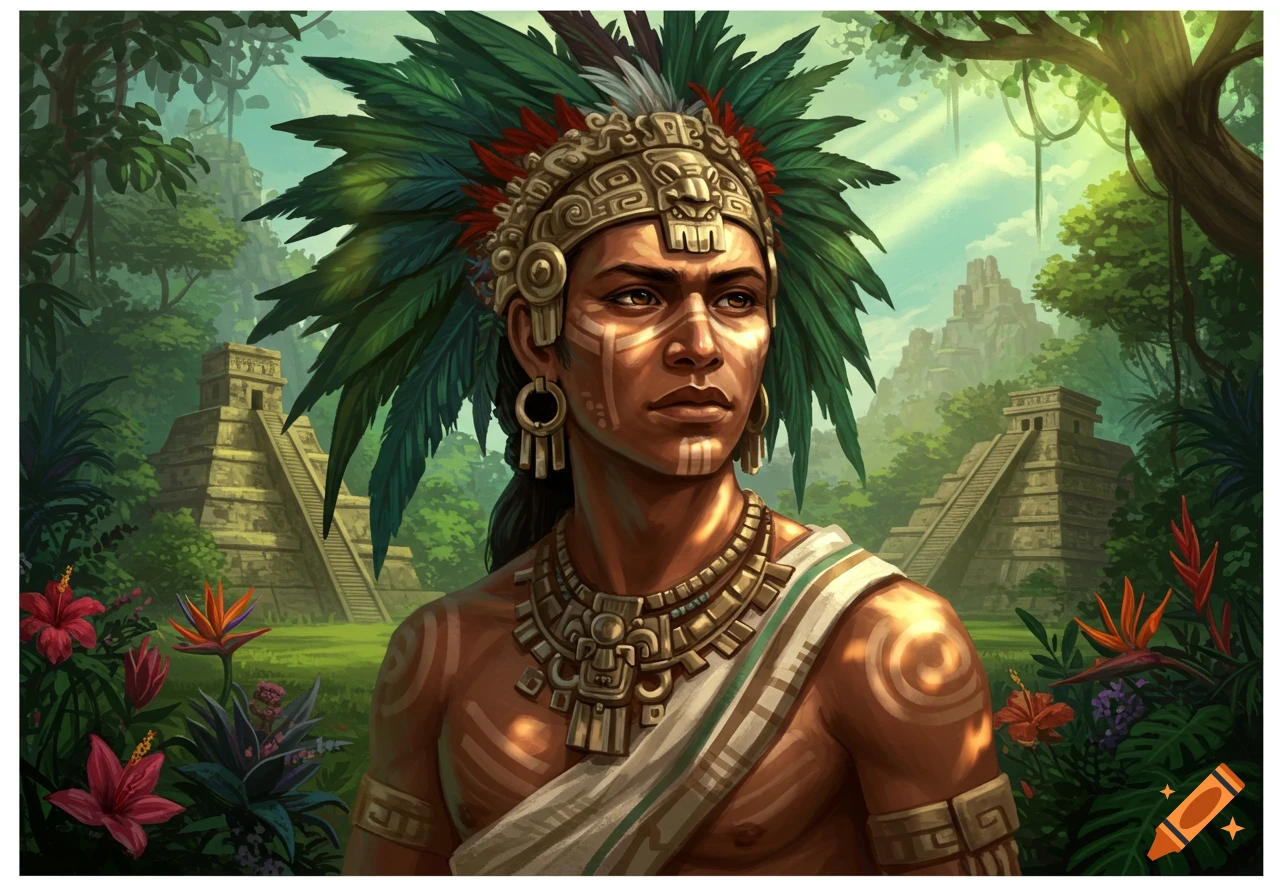 A man in ancient Mesoamerican attire with a feather headdress and ornate jewelry stands in a lush jungle with pyramids.