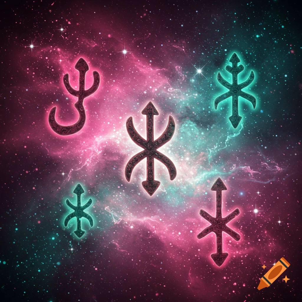 Glowing, intricate symbols in pink and teal against a vibrant cosmic nebula with stars.