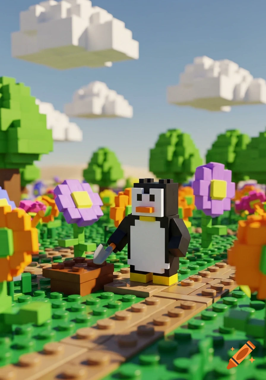 A blocky penguin character holding a shovel next to a plant pot in a block-style garden with flowers and trees under a sunny sky.