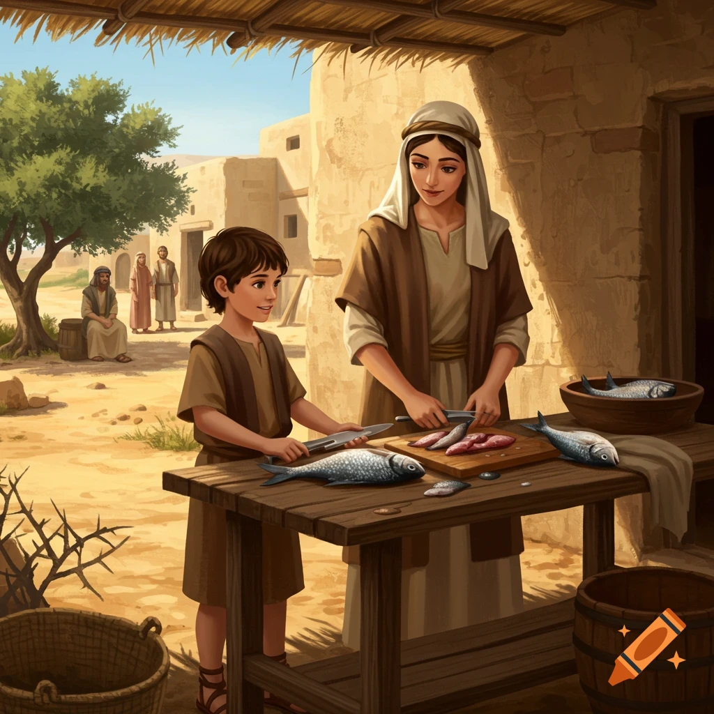 A mother and son prepare fish on a wooden table outdoors in a 2nd-century Judean village, in a clip art style illustration.