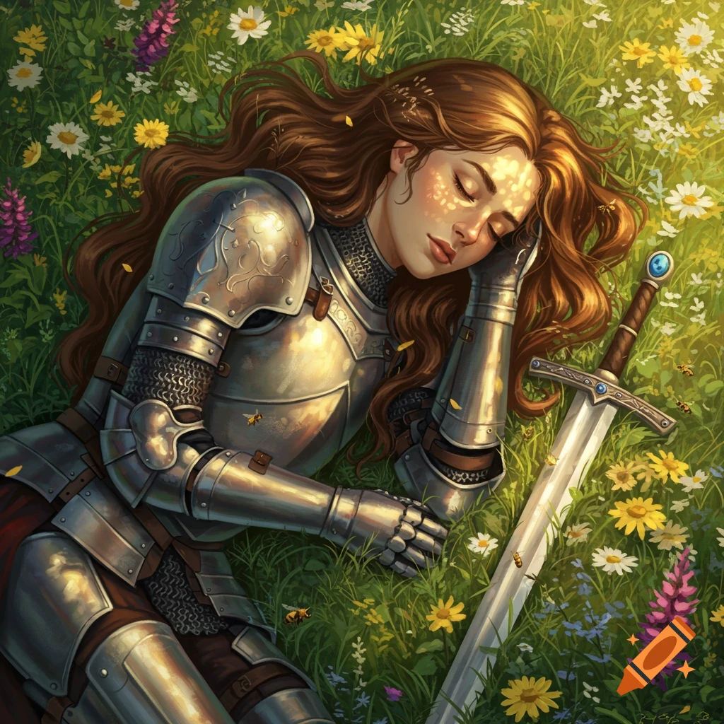 A knight in full armor sleeps peacefully in a field of colorful wildflowers with a sword by her side.