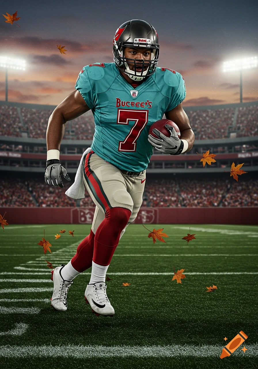 Photorealistic football player in a teal Bucee's #7 jersey runs with ball on field with autumn leaves in a stadium at dusk.