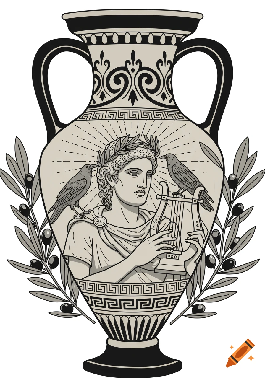 A black and white tattoo design on a Greek vase depicts the god Apollo holding a lyre, with a raven on his shoulder and olive branches.